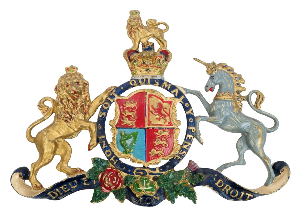 Victorian cast brass Royal coat of arms with period polychrome painted