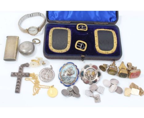 Four Regency gilt brass seals, set of 19th century shoe buckles in fitted box, Victorian silver cross pendant (Birmingham 188