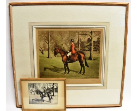 AFTER R.A. LE BAS A gentleman in hunt dress on a bay horse, in a parkland setting, colour print, signed in pencil on the moun