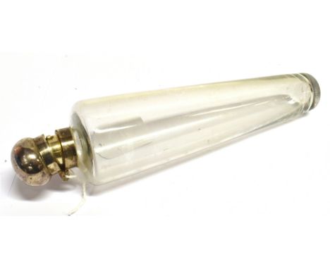 A TAPERED GLASS FLASK with plated flip top, 22cm