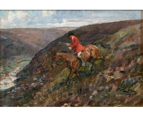 LIONEL EDWARDS (1878 - 1966) Ernest Bawden, Huntsman of the Devon and Somerset Staghounds desending a Combe near Chalkwater. 