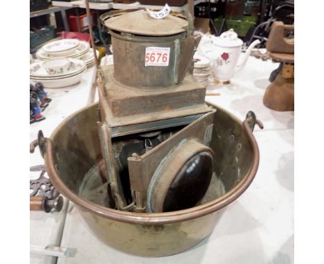 Vintage BR railway lamp and copper pot. Not available for in-house P&amp;P 
