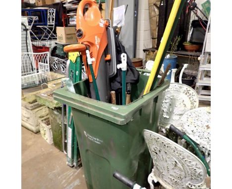 Bin containing various garden tools to include a Flymo 3000w blower. All electrical items in this lot have been PAT tested fo
