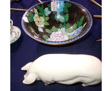 Large Cloisonné Chinese bowl D: 26 cm, and a ceramic pig. Not available for in-house P&amp;P