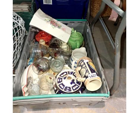 Box of mixed ceramics and glassware to include floral vase, green teapot, wine glasses etc. Not available for in-house P&amp;