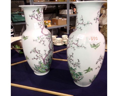 Pair of Chinese vases drilled for lamp bases, H: 38 cm. Not available for in-house P&amp;P