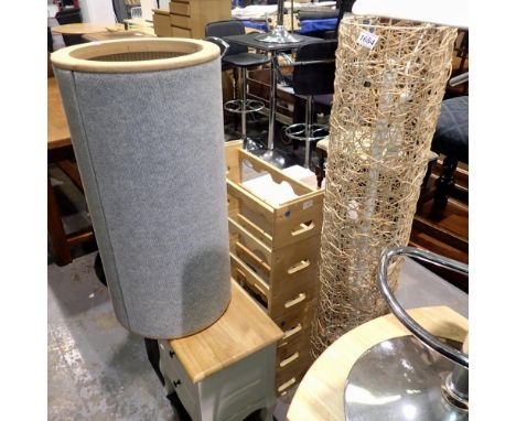 Sundry lot of furniture to include a pine wine rack, small bedside cabinet, linen basket and a modern three standing lamp and