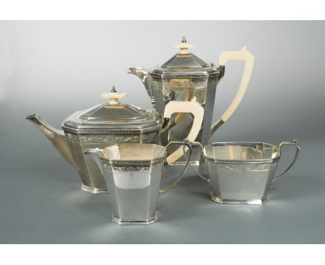 by Mappin &amp; Webb, Sheffield 1937/38, of tapering octagonal from, the teapot with scroll edge engraved rim, the part marke