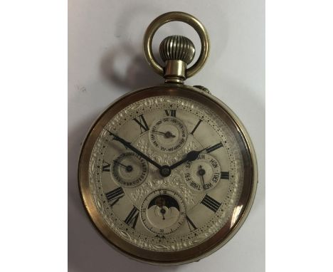 the off-white coloured dial, 57mm diameter, with black Roman numerals, blued spade hands, dot minute track and four subsidiar