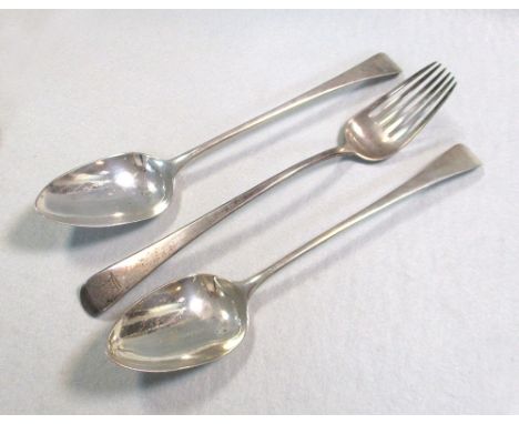 by George Smith and William Fearn, London, the spoons 1790, the fork 1791, 'Old English' pattern, crested, 10ozt gross (Dimen