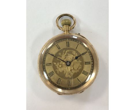 the gilt floral dial, 30mm diameter with black Roman numerals, blued hands and gold coloured dot minute track, the crown wind