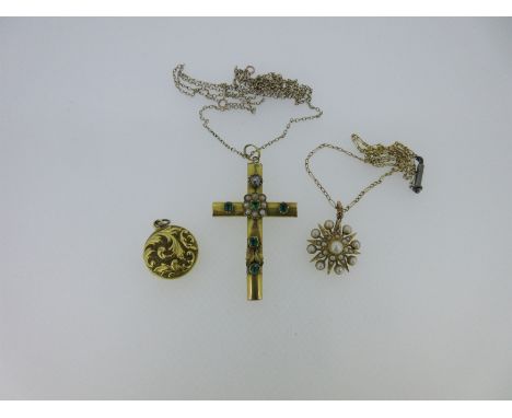 the first an oval section tubular Latin cross set with a rose cut diamond, five step cut green hardstones (possibly emeralds)