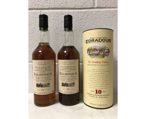 Scotch whisky, aged 12 years, 2 bottles (levels in neck and top shoulder); Edradour whisky, aged 10 years, 1 bottle (3)