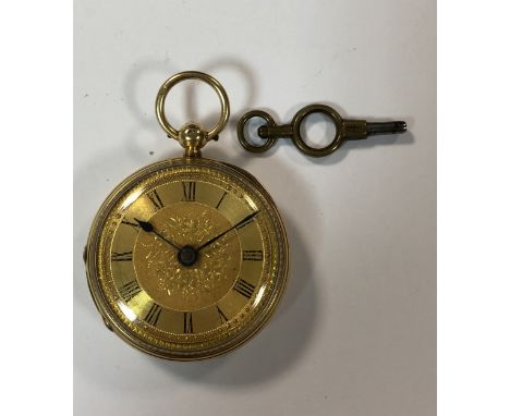 circa 1877, the gilt floral dial, 35mm diameter, with black Roman numerals, blued spade hands and gold coloured dot minute tr