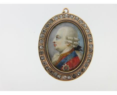 the oval portrait, probably of King George III, in left profile, with powdered, curled and pigtailed hair, red jacket with bl