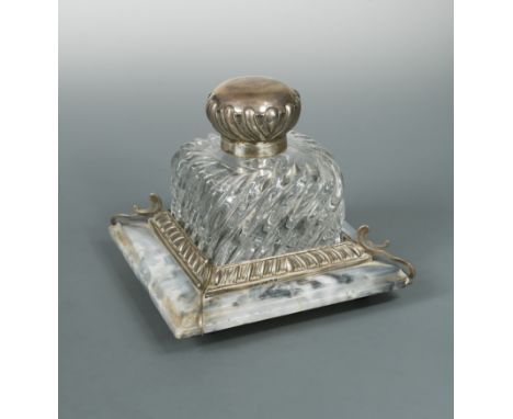 by Mappin &amp; Webb, the square glass inkwell with deep cut fluted decoration and silver collar with London hallmarks for 18