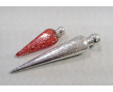 both of conical form, the first by David &amp; Lionel Spiers, Birmingham 1884, decorated all over with bright cut engraved fo