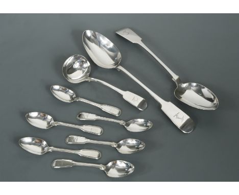 all by John Walton, 'Fiddle pattern', the basting spoons dated 1837, the ladle dated 1836, together with 6 'Fiddle and Thread