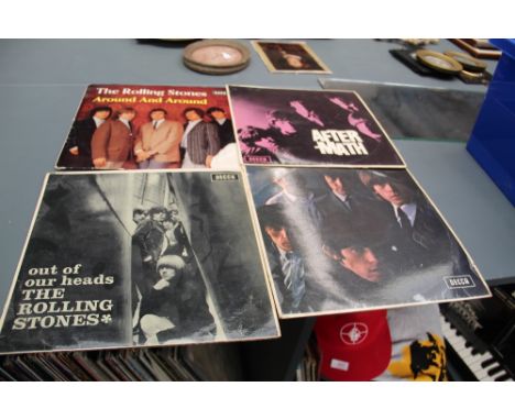 A box of approximately fifty albums including four early Rolling Stones albums , three of which are red label Decca mono copi