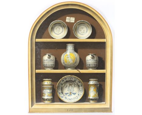 A large Trompe I'oeil panel by Christopher John Harrison (1945). Acrylic on board, depicting 17th century delftware and maiol