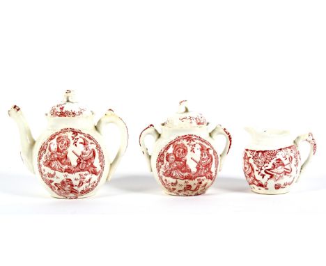 A late 19th century Charles Allterton pottery Punch pattern part tea service. Printed red marks, printed in red with Punch, J