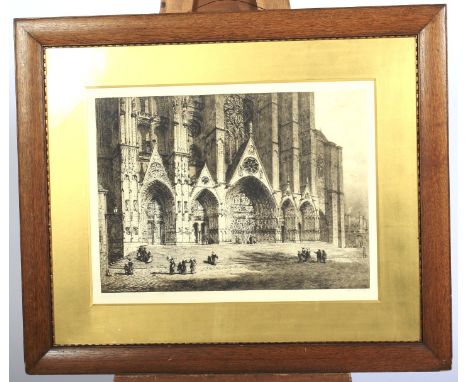 Axel Herman Haig RE (1835-1921) etching. Depicting figures entering Notre-Dame de Reims, monogrammed and dated 1892 in plate 