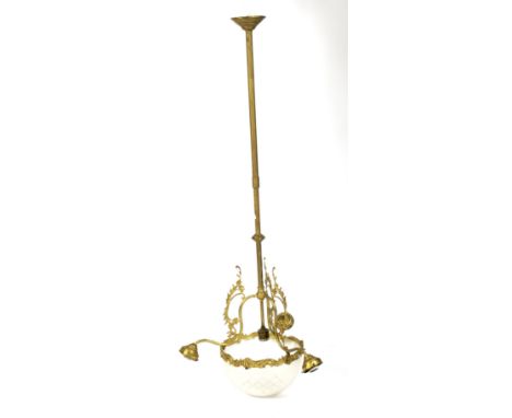 A large brass hanging chandelier. With fixed central bracket, to three sconce lights decorated with an acanthus, with central