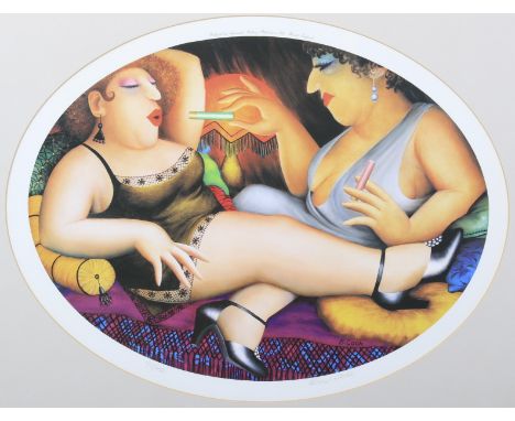 A limited edition signed print after Beryl Cook (1926-2008). With two women smoking, published by Alexander Gallery, Bristol,