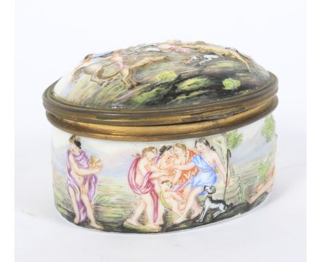 A late 19th century Capodimonte style gilt-metal mounted snuff box. Underglaze blue crowned N mark, moulded with hunting scen