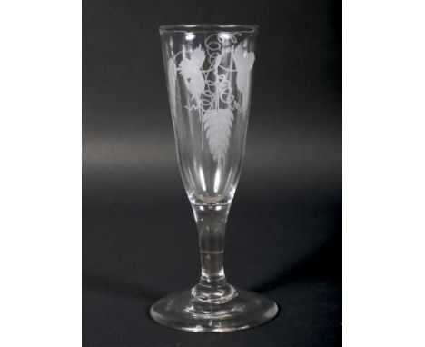 A late 18th century engraved ale glass. The tapering conical bowl engraved with hops and barley, 16cm high  Condition Report: