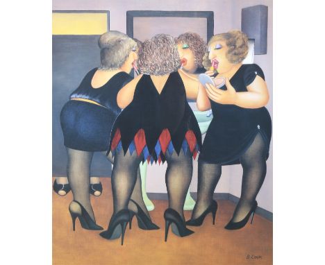 A signed print after Beryl Cook (1926-2008). With women around a mirror applying make up, signed in pencil lower right, publi