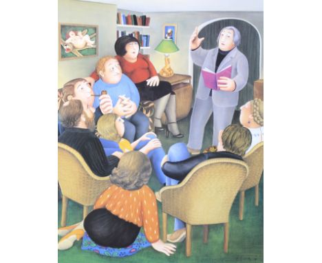 A signed print after Beryl Cook (1926-2008). Printed with a scene of a reading group, signed in pencil lower right, published