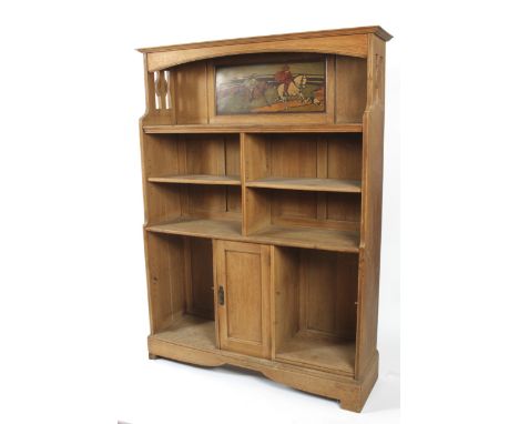 An oak Arts and Crafts free standing bookcase cupboard by Shapland &amp; Petter. Robin Hood series, with painted panel depict