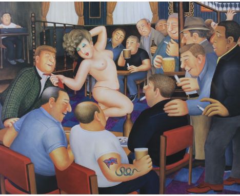 A signed print after Beryl Cook (1926-2008). With a scene of a stripper in a pub, signed in pencil lower right, published by 
