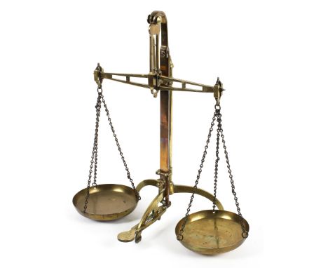A 19th century De Grave, Short, Fanner &amp; Co (London) set of brass balance scales. With stamped marks, on tripod support, 