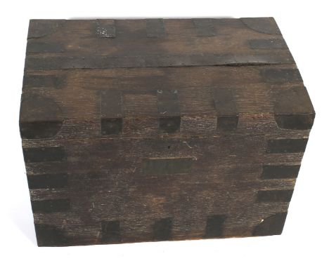 A 19th century ok twin handled metal bound trunk. The rising lid enclosing a twin handled lift out tray, appears to have the 