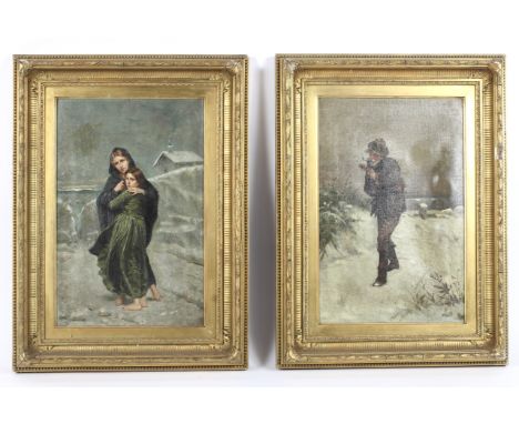 Late 19th Century, British School, two oils on canvas. A man with pipe and violin and another with with two girls in an embra