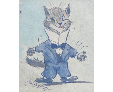 A pen and watercolour cartoon/sketch bearing the signature Louis Wain, of a cat wearing a tuxedo, 24.5cm x 19.5cm, housed in 