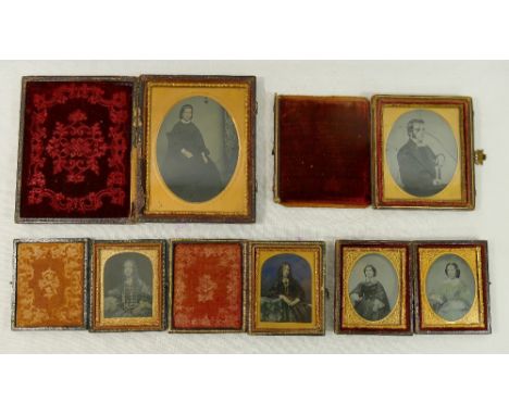 Five 19th century ambrotypes featuring women and each housed within gilt metal mount and velvet surround to a hinged case, an