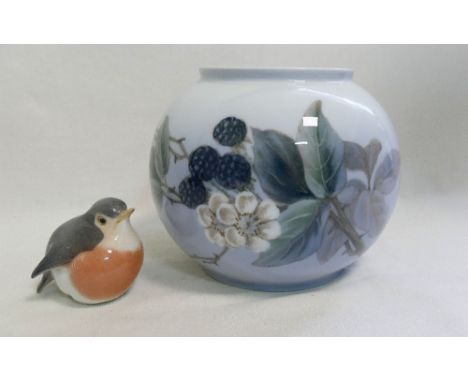 A Royal Copenhagen wren 6.5cm high and a Royal Copenhagen spherical vase decorated with blackberries, 14.5cm high,&nbsp;Six B