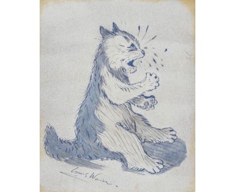 A pen and watercolour cartoon/sketch bearing the signature Louis Wain, of a cat crying, 26.5cm x 21cm, housed in early 20th c