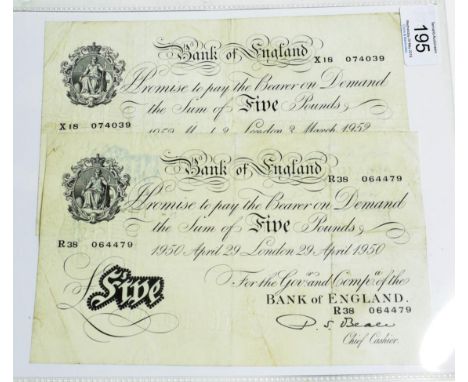 Bank of England, White £5 notes, Beale, London (2); 29 Apr 1950, R38 and 3rd March 1952, X18. Light creases but generally cle