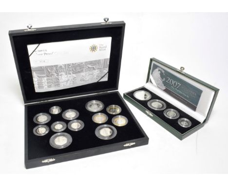 Elizabeth II (1952-), Britannia silver proof collection, 2007, £2 to 20p, (S.PBS08-2007); silver proof coin set, 2009 compris