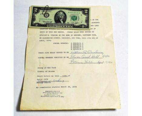 USA, 2 Dollars (5), 1976, first day of issue, 5 consecutive numbers B 06048434 A to 38 A inclusive, in card wrapper which sta