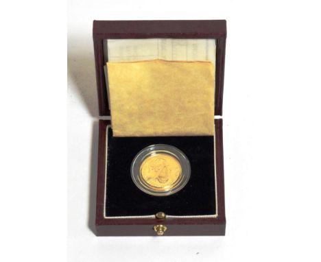 Wales, Quarter-Ounce Welsh gold sovereign medal 1989, Dragon left, WELSH GOLD 1/4 OZ AUR CYMRU 1989 around, rev. harp with la