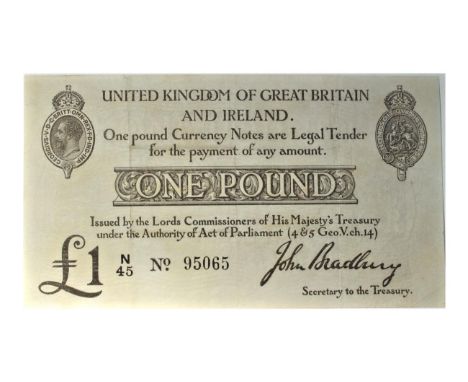 Great Britain, Treasury £1, Bradbury, 1914, second issue, black on white, prefix N45, (T11). Light creases about extremely fi