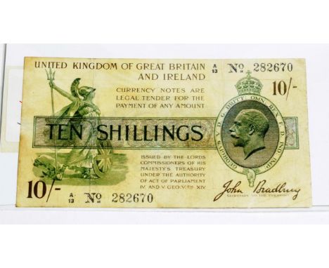 Great Britain, Treasury 10 shillings, Bradbury, 1918, green purple and brown on white, prefix A13, No. with dash, (T18). Some