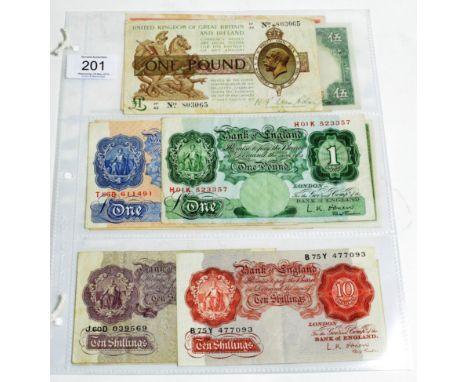 A Small Collection of Banknotes comprising: Treasury £1, Warren Fisher, second issue, Feb 1923, H1/43 (round dot below NO); B