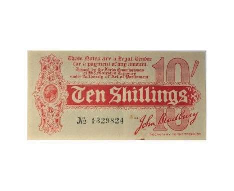 Great Britain, Treasury 10 shillings, Bradbury, 1914, first issue, red on white, prefix A/8, 'No' in ornate typeface (T9). Mi