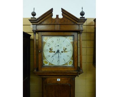 A WATKIN OWEN, LLANRWST OAK LONGCASE CLOCK, the 13 ins square dial set with Arabic numerals, subsidiary seconds and date aper